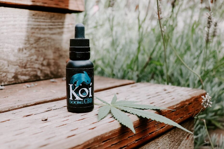 Koi 500mg CBD oil tincture bottle with dropper beside a hemp leaf on a rustic wooden surface outdoors.